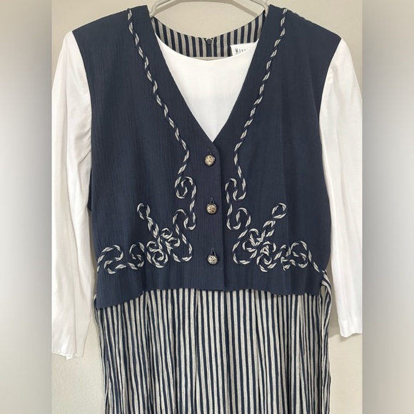 90s Miss Dorby Long Dress Blue White Striped Embroidered Size 10 - Picture 2 of 5